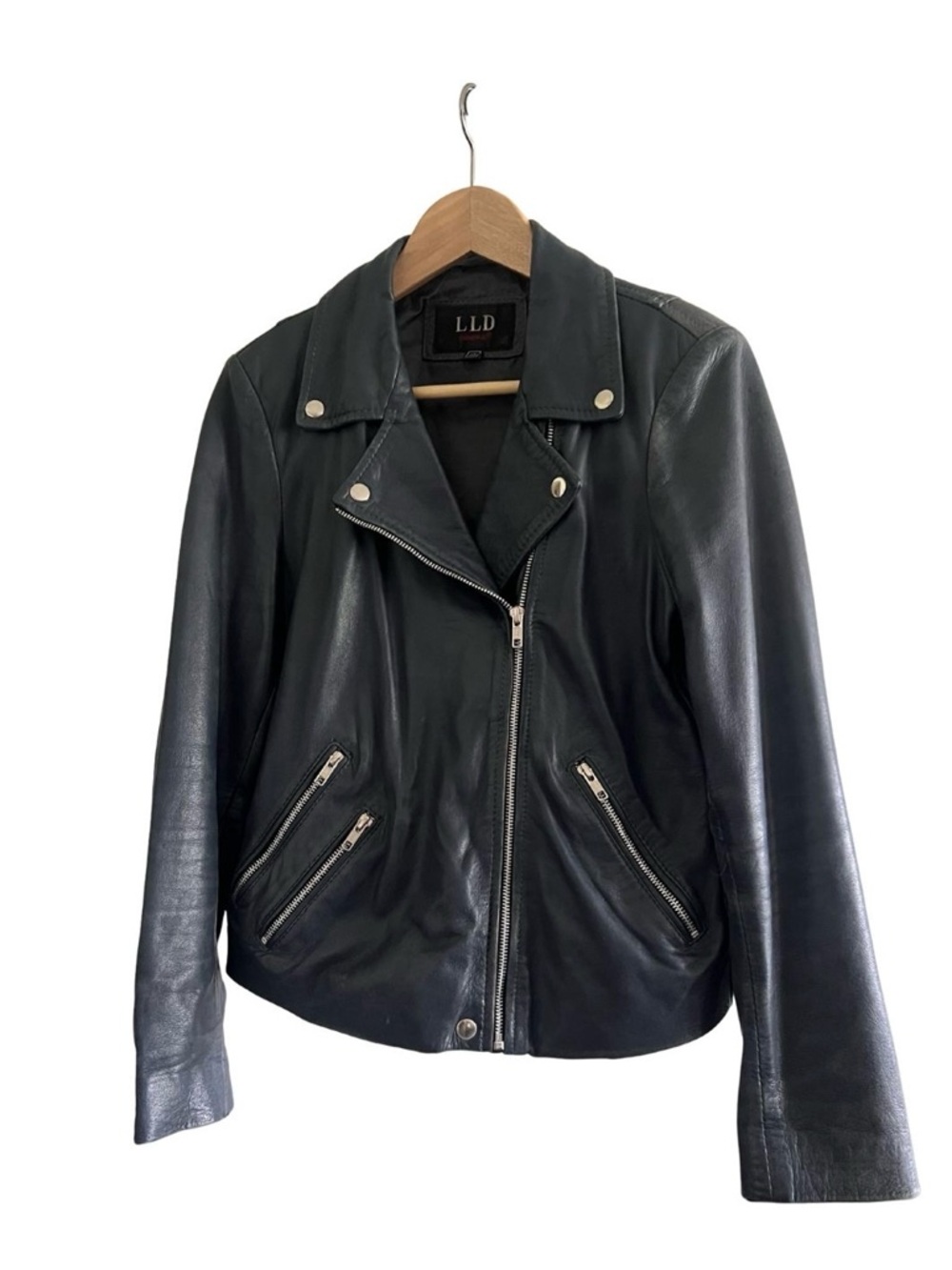 Women's Blue Leather Moto Jacket, bought in London - Picture 3 of 6
